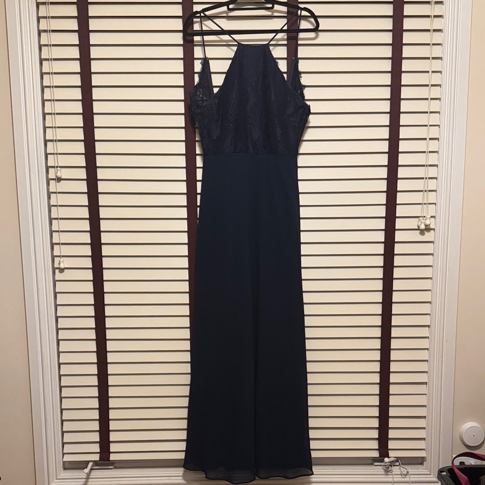 Hayley Paige Occasion Elegant Navy Maxi Dress with Lace Accents - Size 10